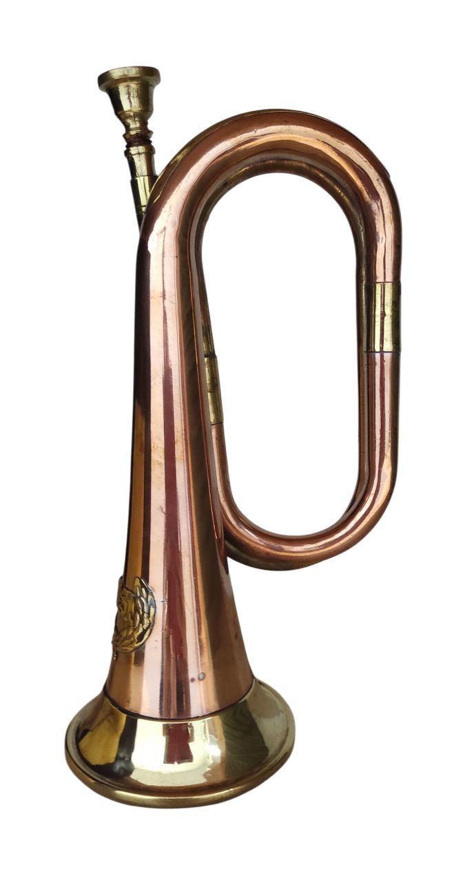 Amerikai polgárháborús trombita rézből, jenki emblémával Amerikai polgárháborús trombita rézből, jenki emblémával